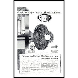 1924 P&F Corbin American Hardware Corp Vintage Print Ad Door Lock Key Wall Art
